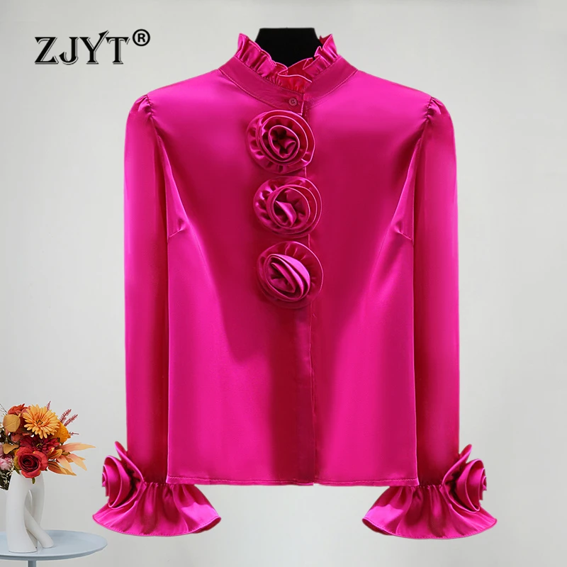 

ZJYT 3D Floral Satin Shirts&Blouses Women Spring Office Lady Long Sleeve Blusas Female Tops Ruffled Collar Fashion Party Camisas