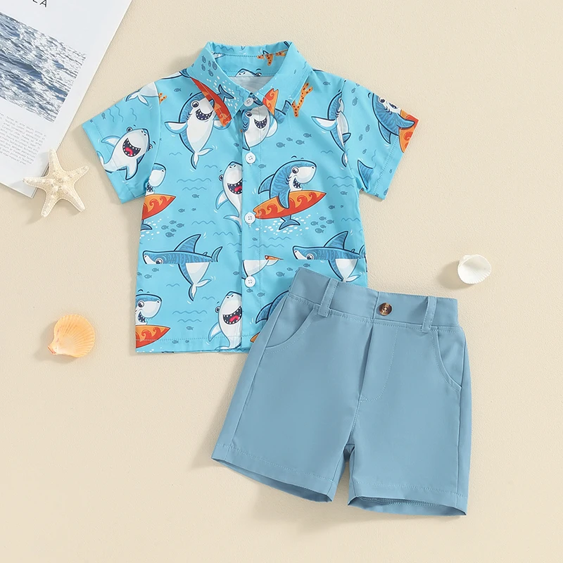 

Baby Kids Boys Shorts Set Short Sleeve Shark Print Shirt with Elastic Waist Shorts Toddler Set Summer Outfit