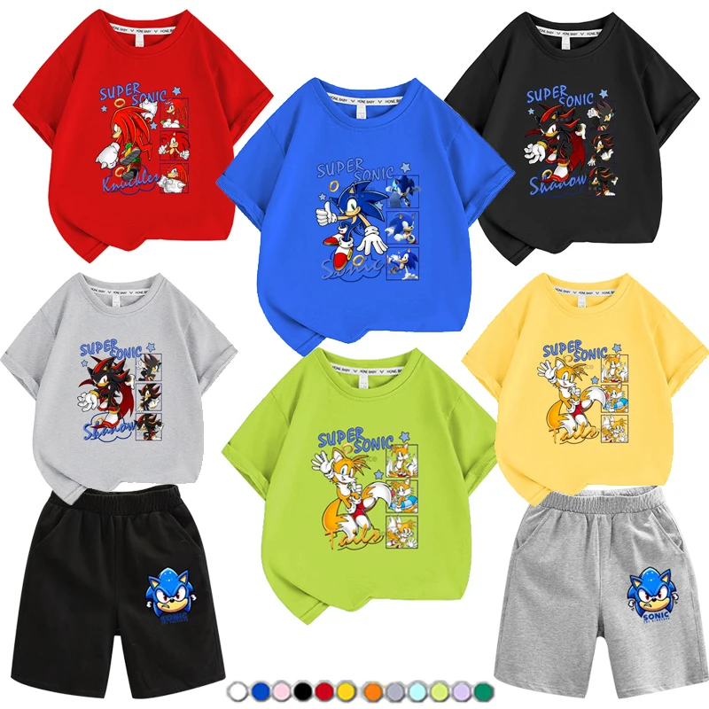 

Anime Cartoon Sonic Cotton Summer Shadow T-Shirt+shorts Cute Baby Cotton Short Sleeve Kid Short Tops Boys Girls Gift