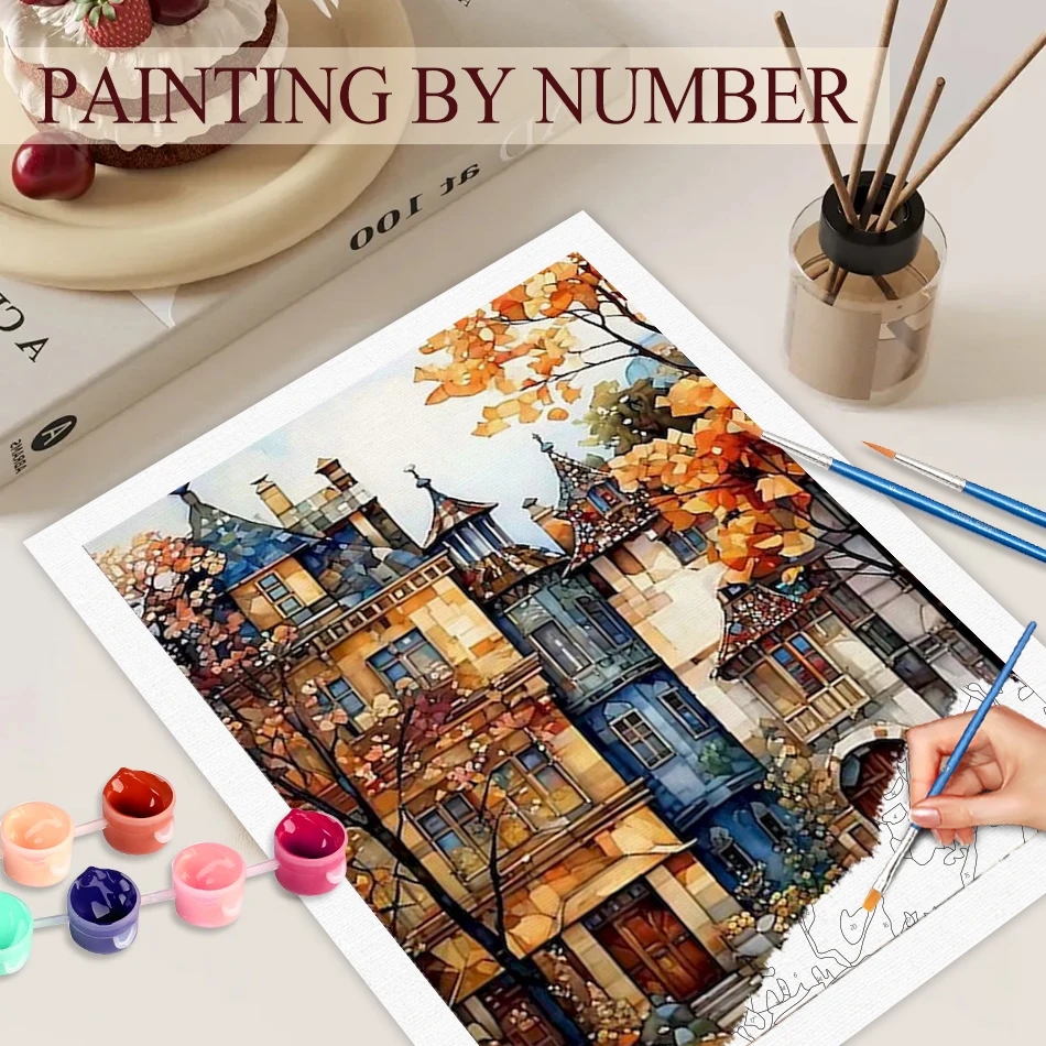

Paint By Number House Scenery Pictures By Number Autumn Tree Drawing On Canvas HandPainted Art Gift Kit DIY Decoration