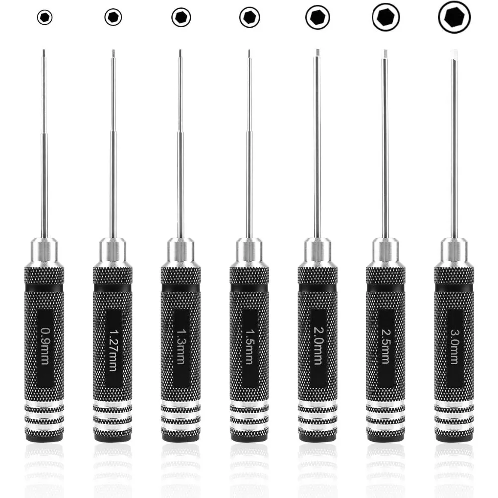 

RC Hex Driver Set - 7pcs Hex Allen Screwdriver Kit 0.9mm 1.27mm 1.3mm 1.5mm 2.0mm 2.5mm 3.0mm Key Driver Repair Tools for Rc Car
