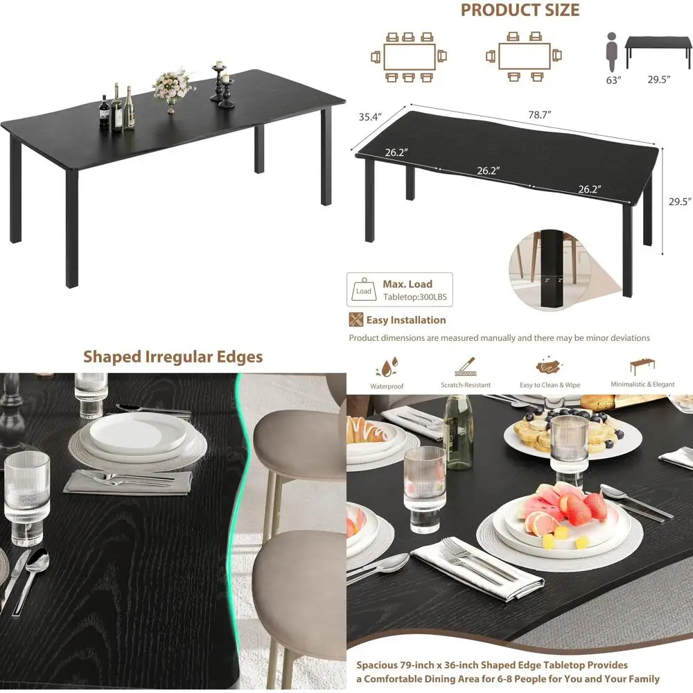 

Rustic Wave Edge Dining Table for 6-8, Thick MDF Top with Metal Base, Water-Resistant and Scratch-Resistant, Ideal for Dining, W
