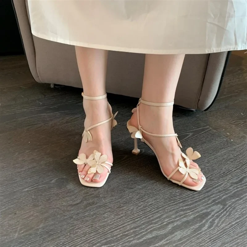 2024 Summer New Butterfly Lady High Heel Sandals Square Toe Casual Sandals Women Elegant Stiletto Heel Ankle Strap Party Shoes