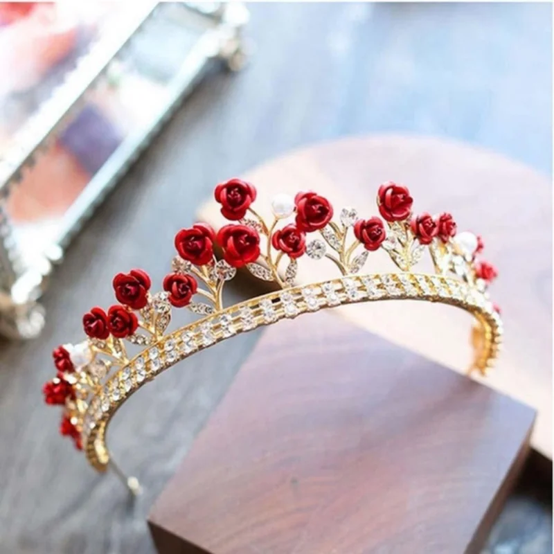 

Vintage Elegant Headband Hair Accessories Gold Color Red Rose Alloy Headwear Bridal Tiara Hair Crown Diadem