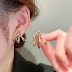 Huitan Personality Arrows Shape Stud Earrings for Women Two Tone Design Y2K Girls Ear Piercing Earrings Modern Fashion Jewelry