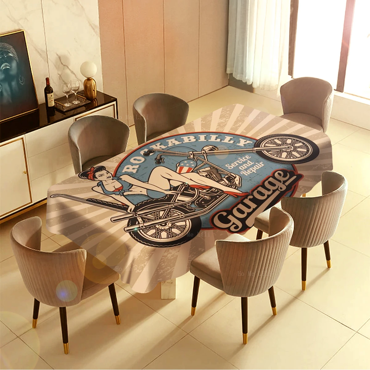 Vintage Motorbike Logo Pin Up Girls Motor On Route 66 Dirt-proof Rectangular Tablecloth By Ho Me Lili For Tabletop Decor