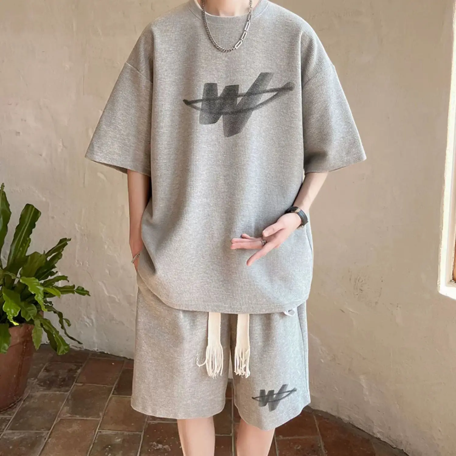 

\ Hong Kong Style T-shirt Set, Summer Men's Pure Cotton Casual Sports Short-sleeved Shorts, A Set of Trendy Brand Handsome