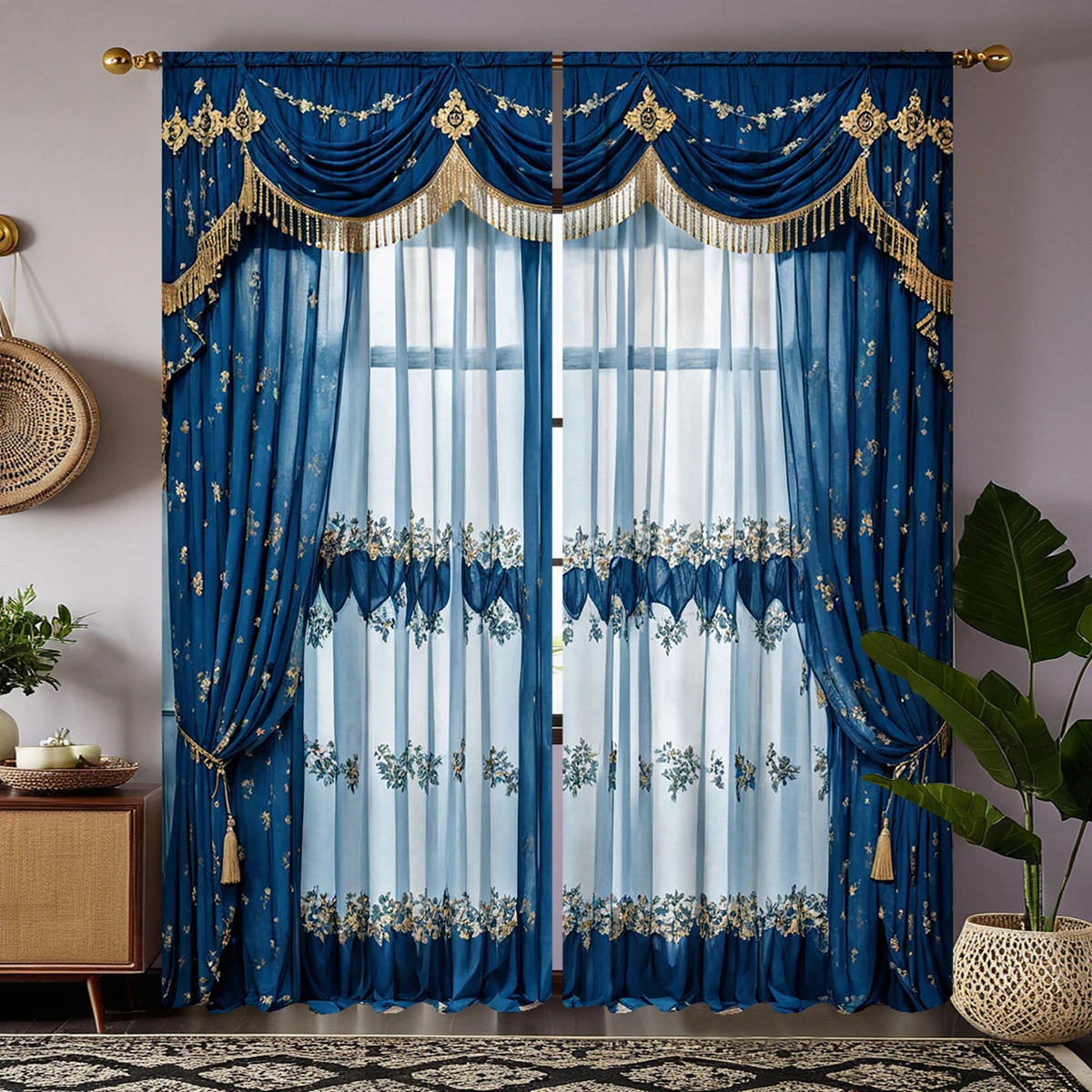 2 Pieces HD Digital Blue Color Yellow Embroidery High Grade Curtains Home Decorating Style Decorating Living Room Bedroom Roddin