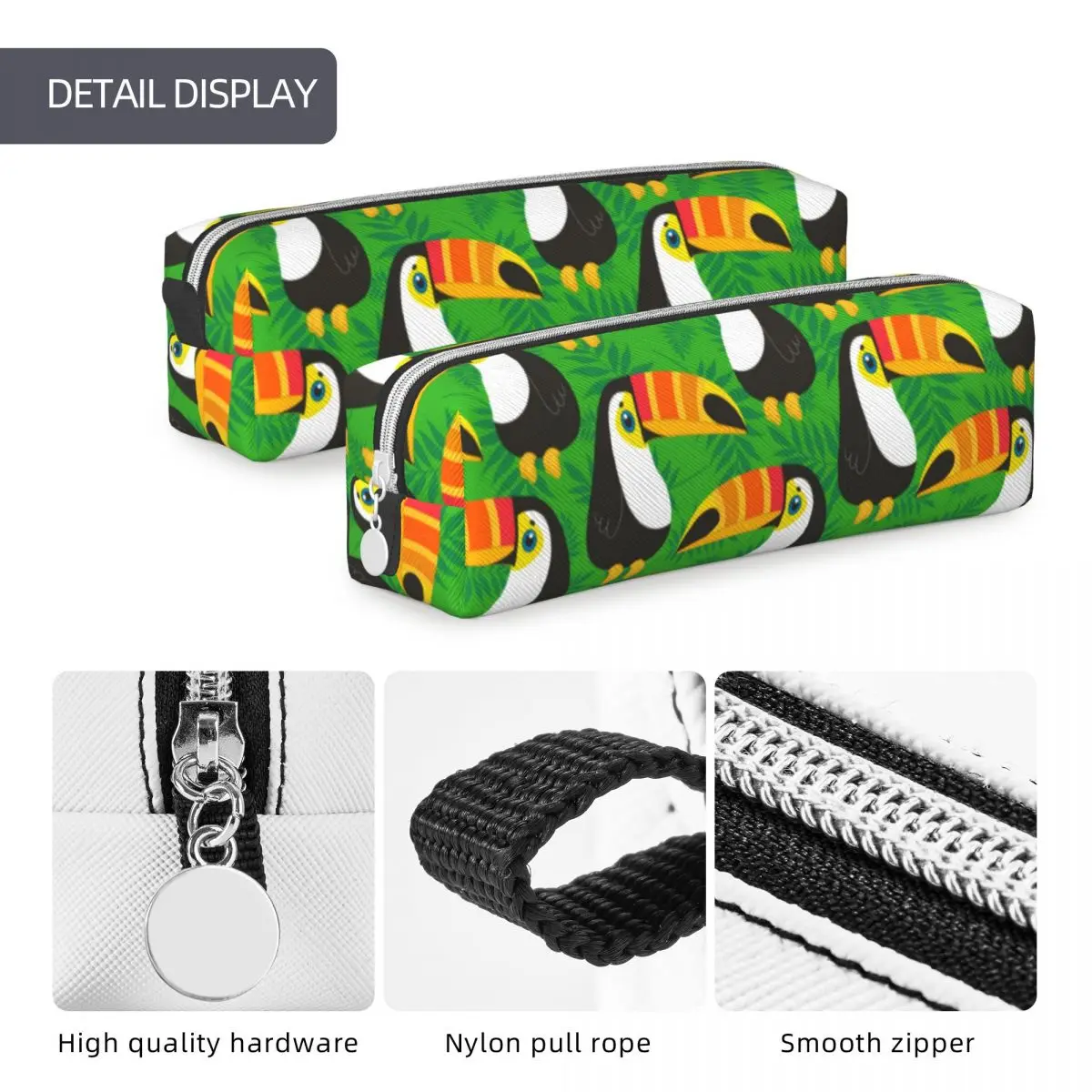 Imagem -03 - Toucan Birds Square Pencil Case Green Leaves Tropical For Child Simple Leather Pencil Box School Zipper Pen Bags