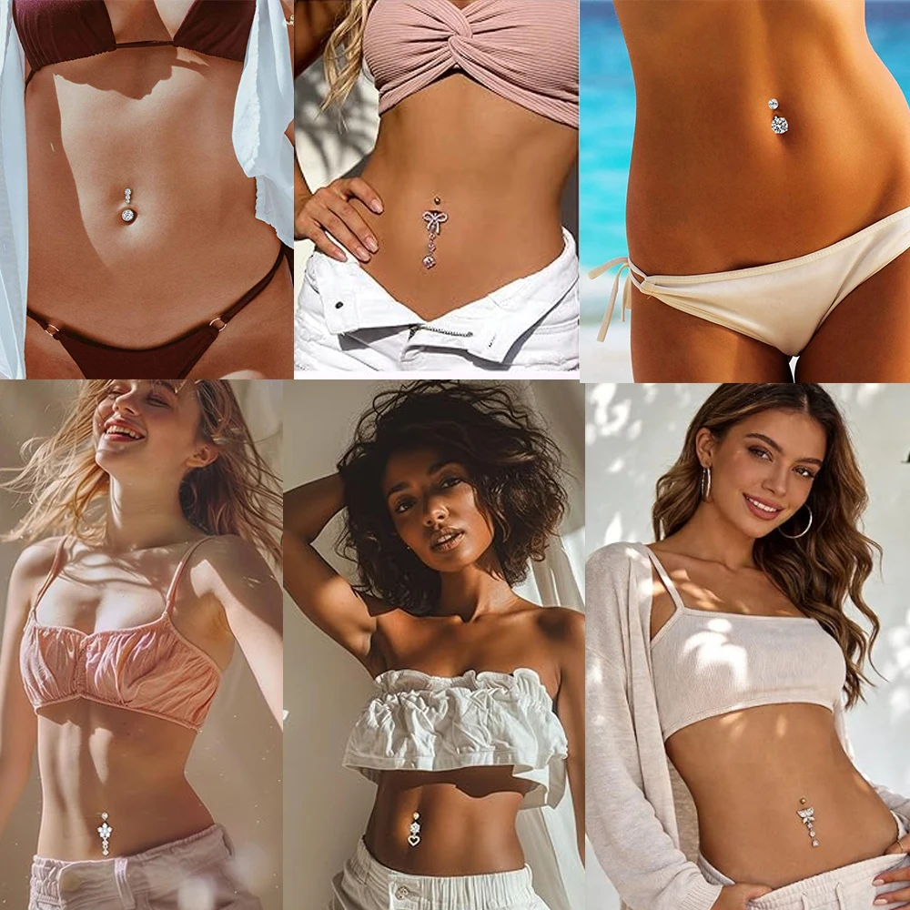 3-8pcs/lot Mixed-Style Belly Button Ring Sets Long Dangled Curved Navel Piercing Nombril Ombligo Women 14G Butterfly Belly Rings