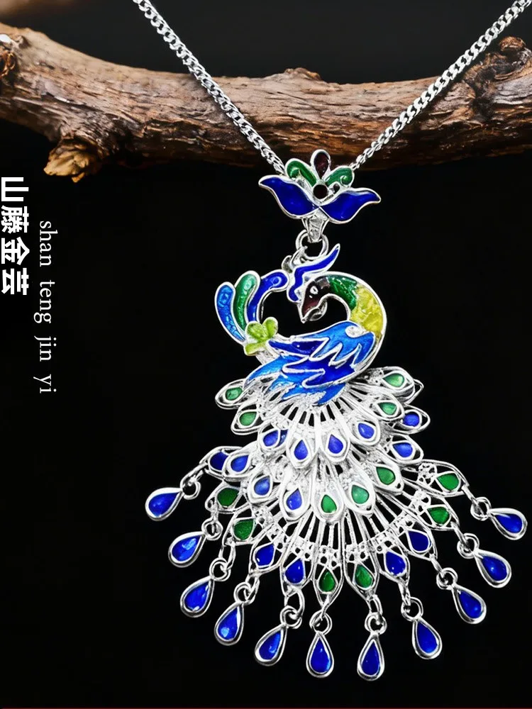 collar-con-colgante-de-plata-pura-999-azul-y-rojo-joyeria-de-plata-Unica-accesorio-elegante-para-todas-las-temporadas