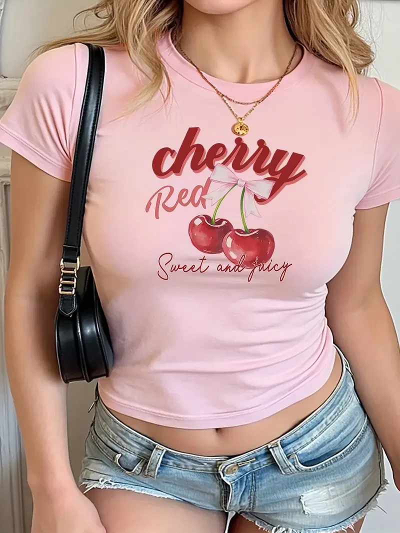 Chic Cherry Red Slogan Print Crew Neck Short Sleeve Crop Top T Shirt Women's Print Round Neck Shirt Cropped T-shirt Sexy