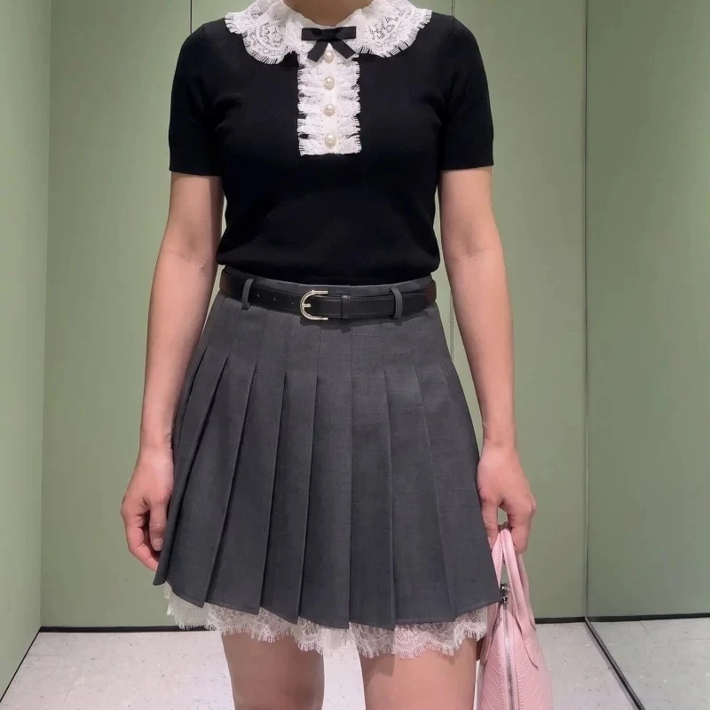 Women Lace Patchwork A Line Pleated Mini Skirt High Waist Casual fashion Short Skirt with belt