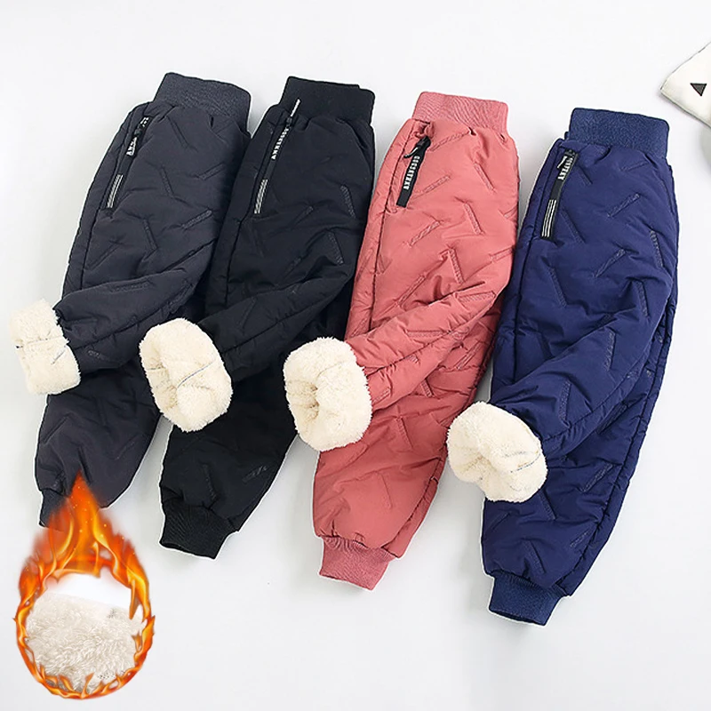 Girls Winter Warm Fashion Cashmere Cotton Pants For Boys Aged 3-12 Kids Casual Waterproof Thicken Sweatpants Children\'s Clothes