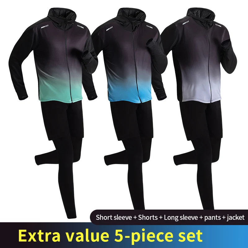 

5-Piece Men's Quick-drying Sports Suit Fitness Running Tight Elastic Trousers With Cap Gradient Coat Round Neck Casual T-shirt