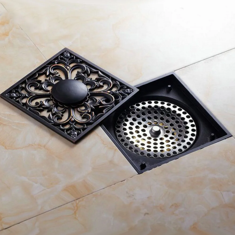 Black Oil Rubbed Brass Carved Art Bathroom Waste Floor Drain Shower Drain Grate thr030