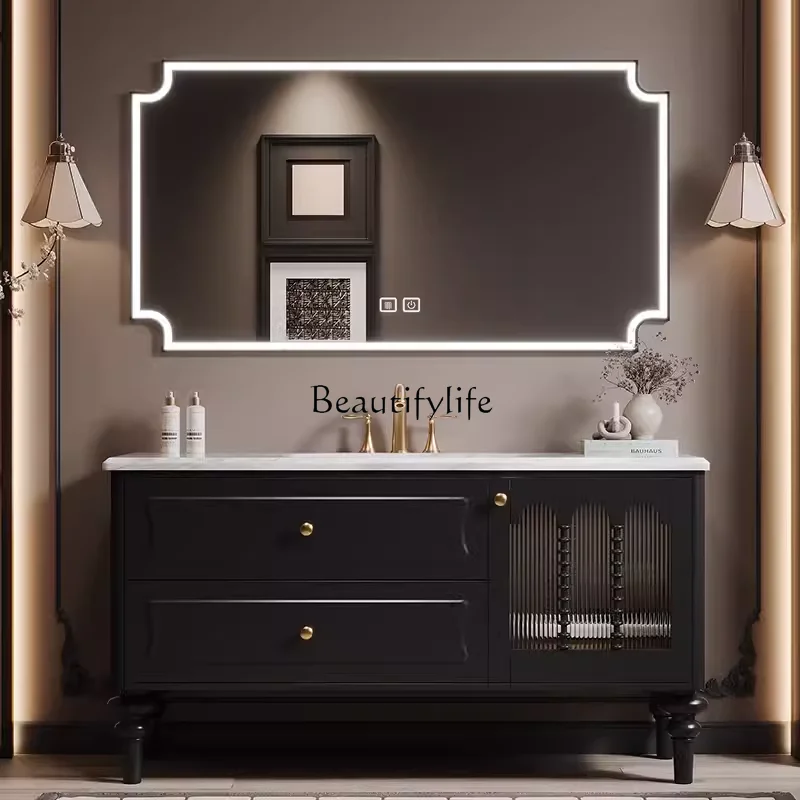 Oak floor-to-ceiling French retro bathroom cabinet combination luxury stone bathroom cabinet customization