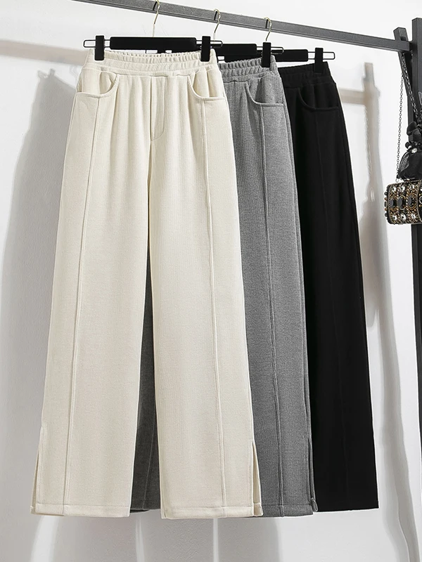 High Waist Elastic Wide Leg Pants Women's Autumn Winter New Style Black Slit Micro Flared Trousers Casual Straight Leg Pants