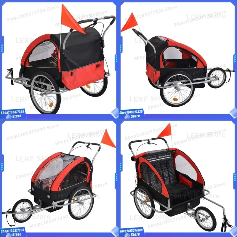 Heavy Duty 3 Wheel Bicycle Trailer for Kids Double Stroller with Pet Carrier Hooking Device Safe Riding Gear for Two Children