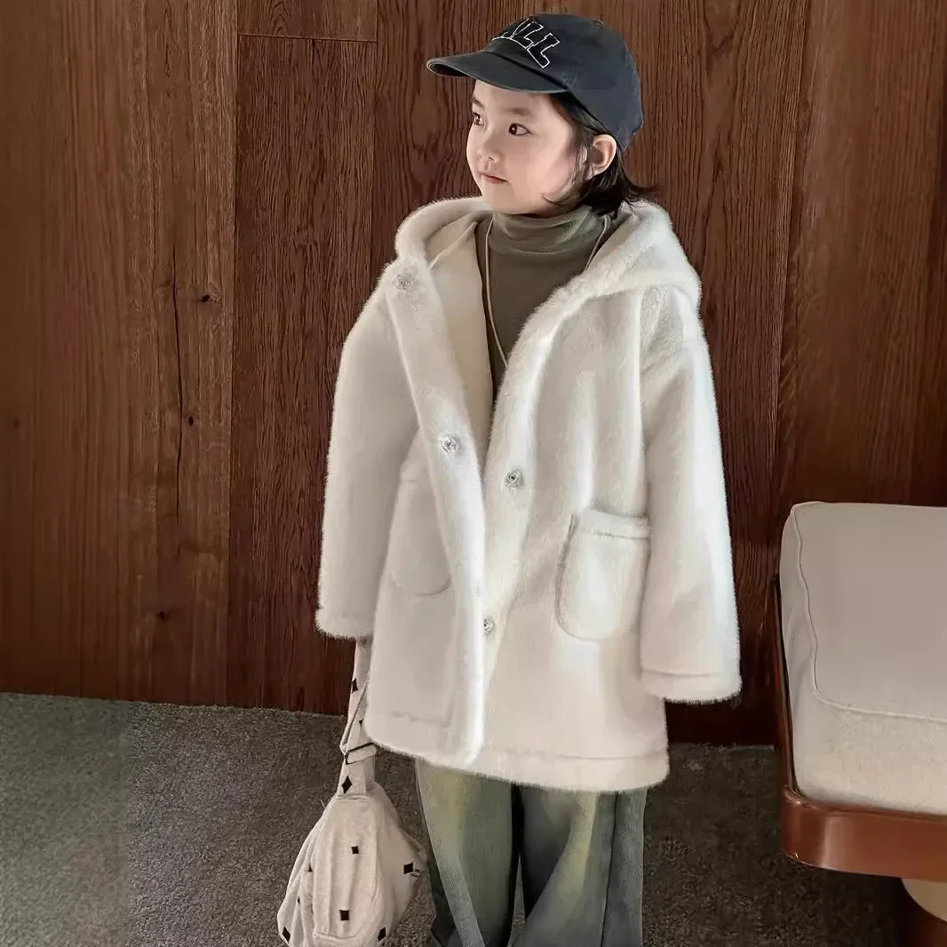 Children Clothes 2024 New Autumn and Winter Fur Coat Girls Korean Style Trench Coat Fashionable Warm Soft Comfortable Coat Tide