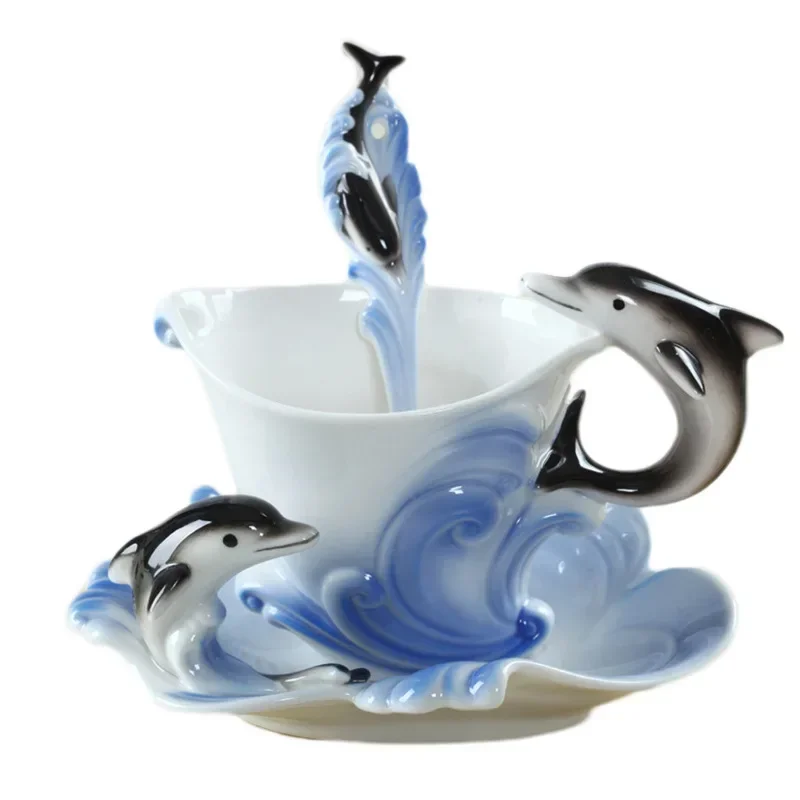 Ceramic Handicrafts Dolphin Cup Plate Blue Creative Ceramic Tea Cup Fashionable and Light Luxury Blue Jade Chinese Tea Cup