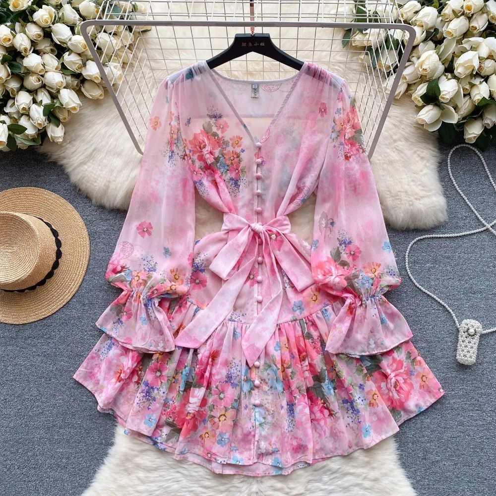 Elegant Sexy Print V-neck Long Sleeves Bandages Slip Dress Fairy A-line Summer Beach Vacation Slim Women Evening Party Dress