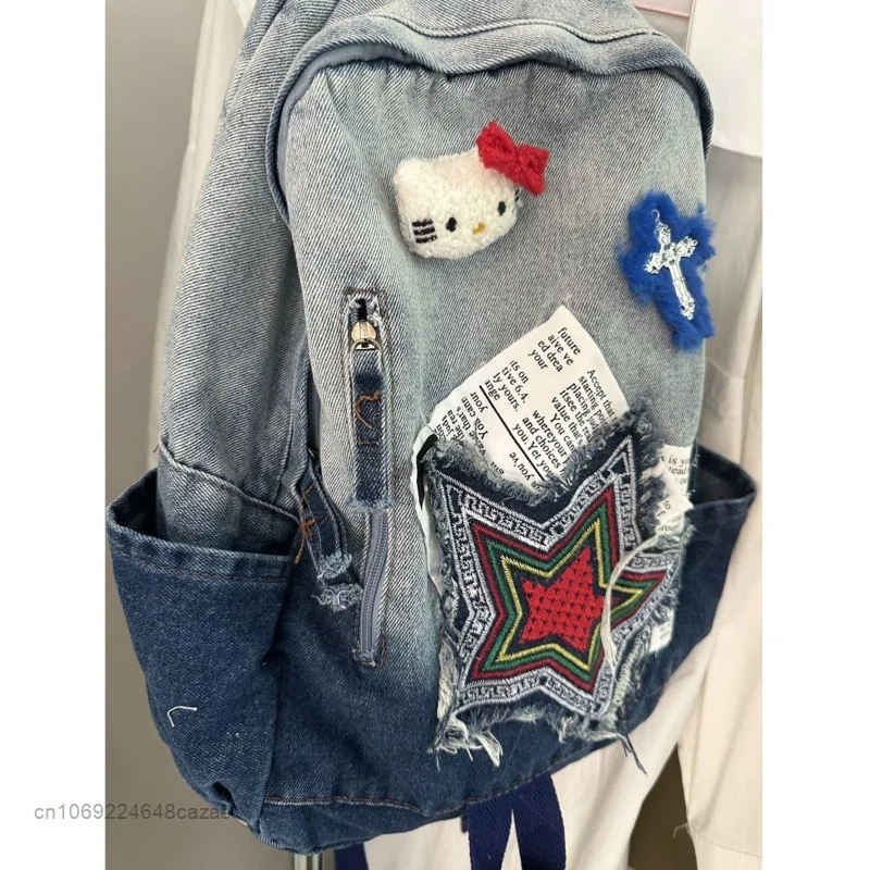 Sanrio Hello Kitty New Denim Bags Women Men Hip Hop Style Fashion Backpacks Y2k Student Schoolbag Luxury Commuter Shoulder Bag