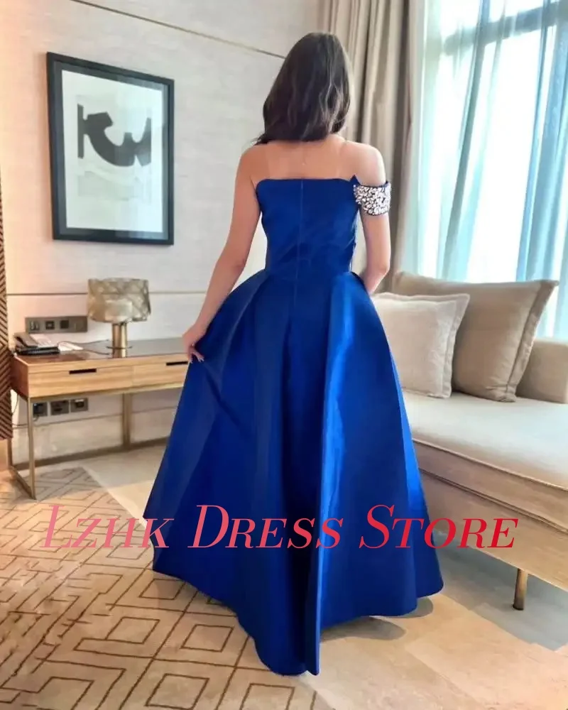 تخصيص عالية الجودة الساتان ألف خط قبالة الكتف كريستال مساء اللباس حساسة الحبيب الطابق طول فساتين العودة للوطن