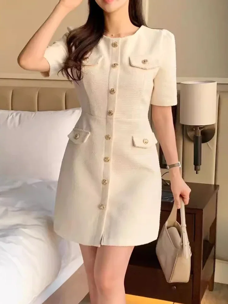 Verão novo coreano elegante tweed vestido feminino pequena fragrância manga curta único breasted mini vestidos de alta qualidade