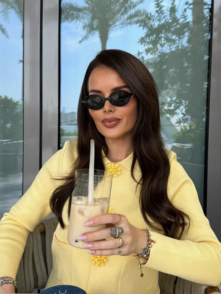 Yellow Pockets Long Sleeve Cardigan Women Autumn Turndown Collar Beading Button Sweater Streetwear Fashion Casual Knit Outerwear