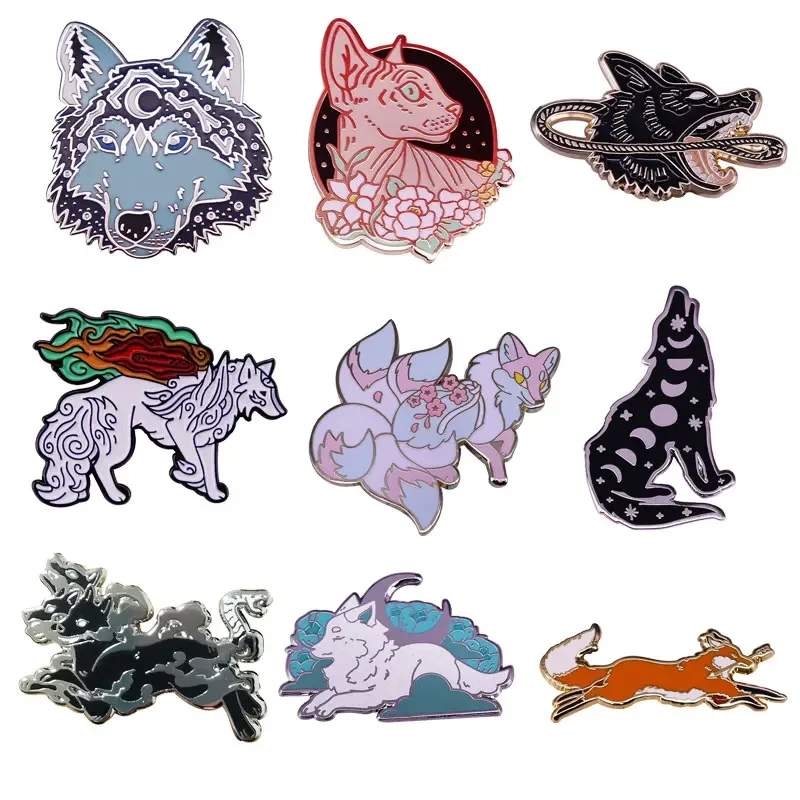 

Fierce Canidae Animal Metal Enamel Pins Interesting Wolf and a Fox Lapel Badge Denim Jacket Backpack Brooch Decoration