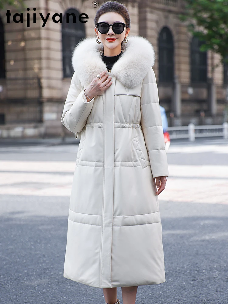 TAJIYANE 100% جلد الغنم أوزة أسفل معطف مقنع طويل الجلد الحقيقي سترة منفوخة النساء مع الثعلب الفراء طوق ملابس الشتاء 2025