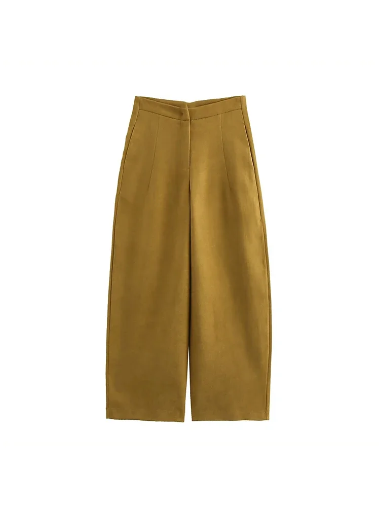 Willshela Women Fashion Yellow Pleated Front Zipper Wide Leg Pants Vintage Mid Waist Full Length Female Chic Lady Trousers