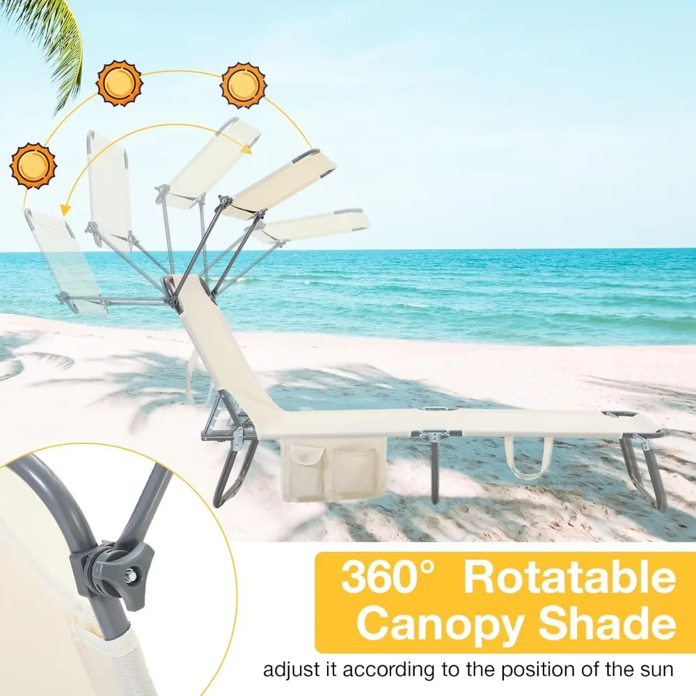 2 Pcs Foldable Beach Lounge Chair With 360° Canopy Sunshade Folding Camping Chairs Side Pocket Chaises De Plage Playa Fishing