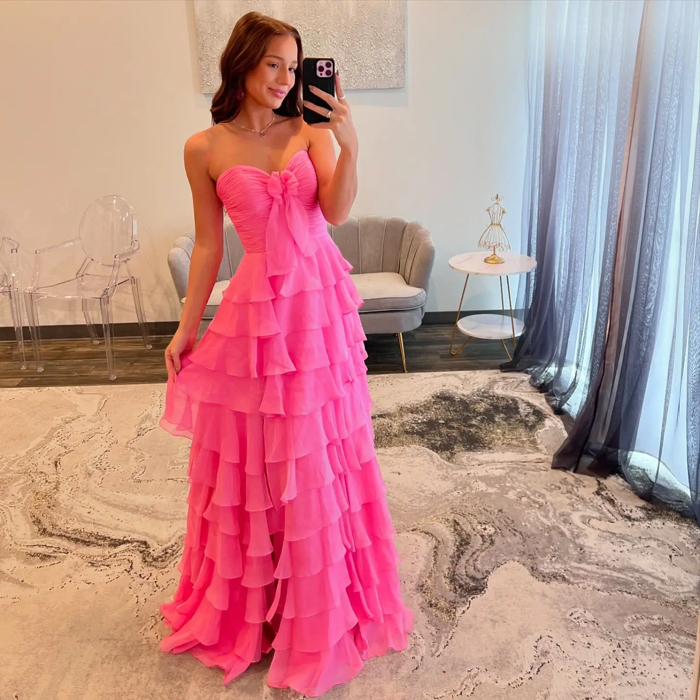 

Hot Pink Ruffle Tiered Prom Dresses Long for Women 2025 with Slit V Neck Pleated A Line Formal Evening Gowns Customized