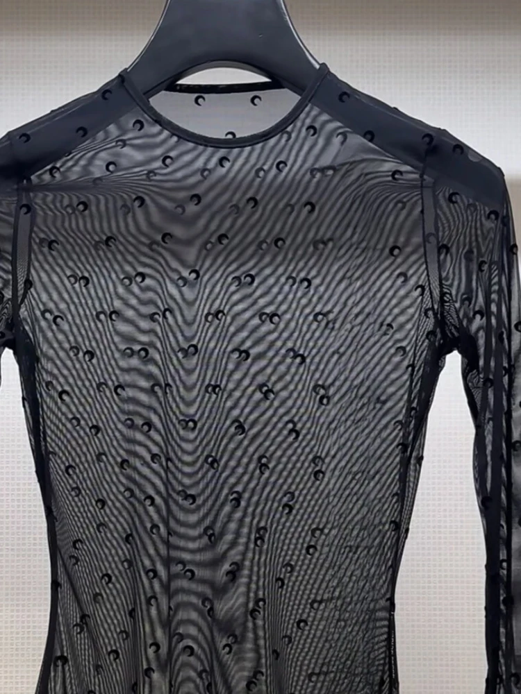 Moon Plush Mesh Tshirt Women Summer Korean Streetwear Round Long Sleeve Slim Sexy Sunscreen Versatile Top Breathable Casual