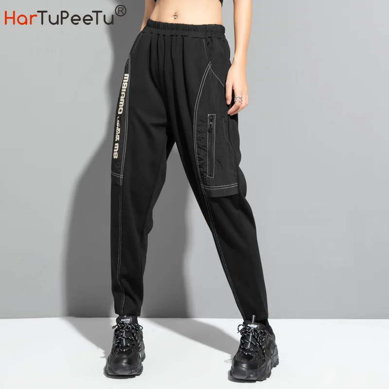 Gothic Black Harem Pants Women Elastic Waist Cargo Pants Letters Print Boots Trousers Bright Line Loose Spring Autumn Streetwear