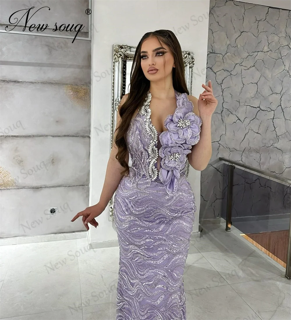 Arabic V Neck Beading Prom Dresses Sleeveless Crystals Flowers Pageant Cermony Dress Dubai Coutures Long Evening Gowns For Party