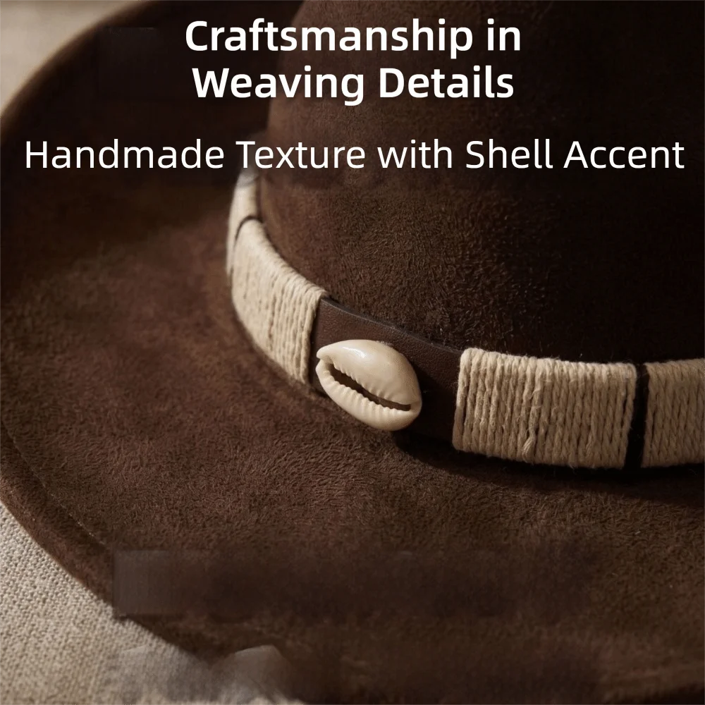 Unisex Wide Brim Cowboy Hat Striped Buckle Band Polyester Western Fedora Hat Felt Construction Small Woolen Top Denim Hat