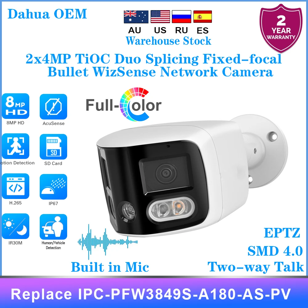 

OEM Dahua Replace IPC-PFW3849S-A180-AS-PV 2x4MP Max 8MP TiOC Duo Splicing Bullet IP Camera EPTZ SMD 4.0 Built-in Mic & Speaker