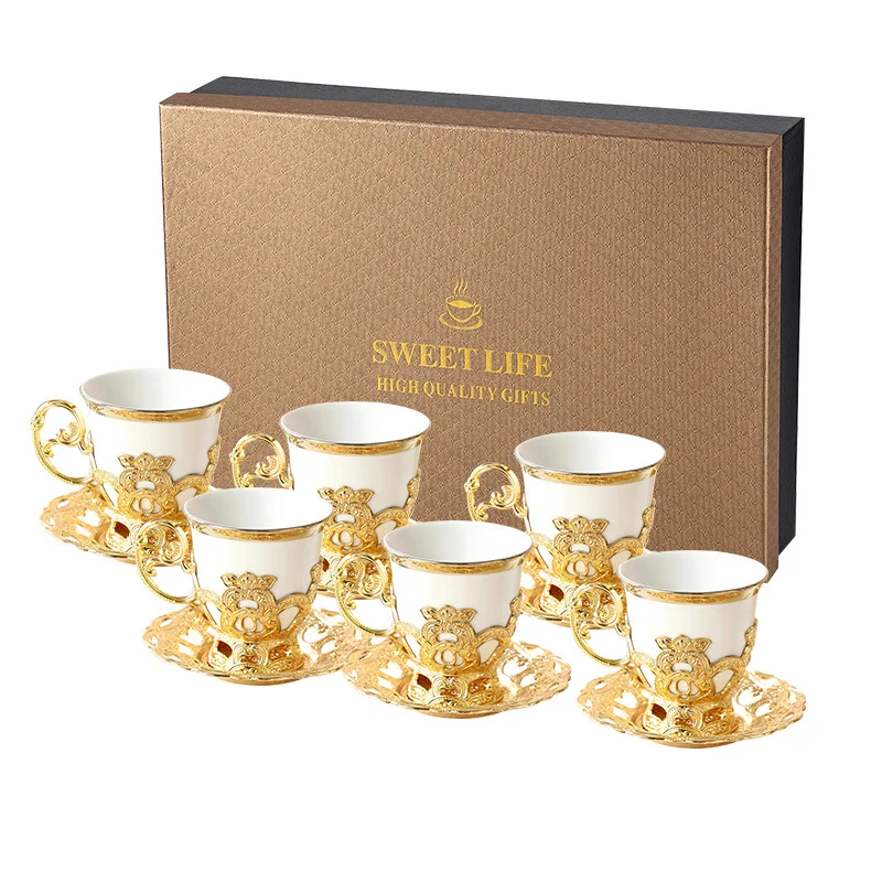 Custom Gift Box Turkish Gold Plated Porcelain Ceramic Turkish Coffee Tea Cup Set 6 with Saucers