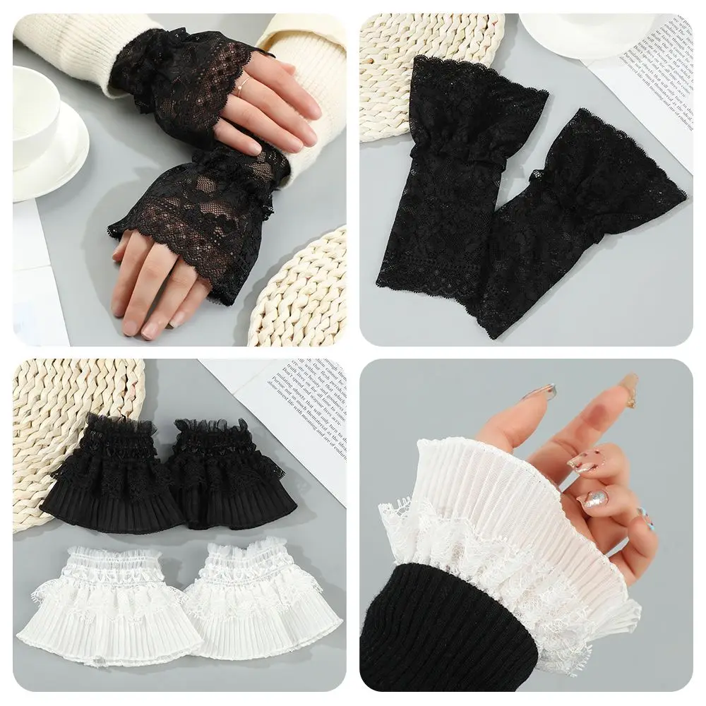 1Pair Sun Protection Scar Cover Gloves Sweater Decorative Fake Sleeve Detachable Sleeve Cuffs Ruffles Elbow Sleeve Lace Cuffs