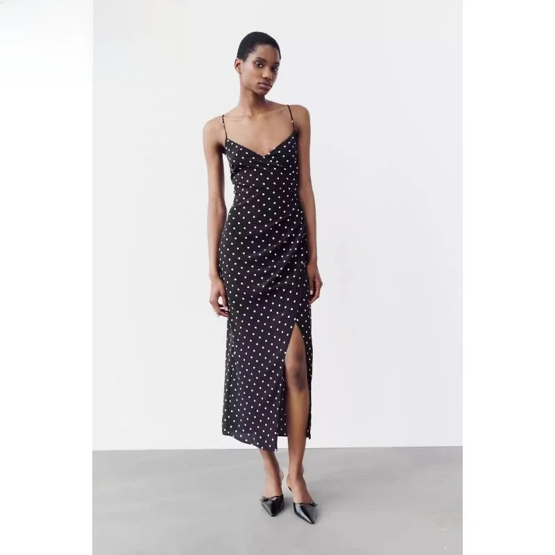 Vestido Midi ter com Estampa de Poá Novo Verão 2024 Moda Fena Estilo Casual Sem Mangas Decote em V Outro Material 00%