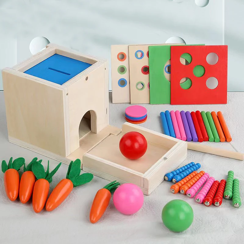 Montessori Toy Play Kit, 6 em 1, Objeto, Caixa Permanente, Jogo de Jogo, Cenoura, Colheita, Forma, Classificador, Jogo de Bola, Jogo