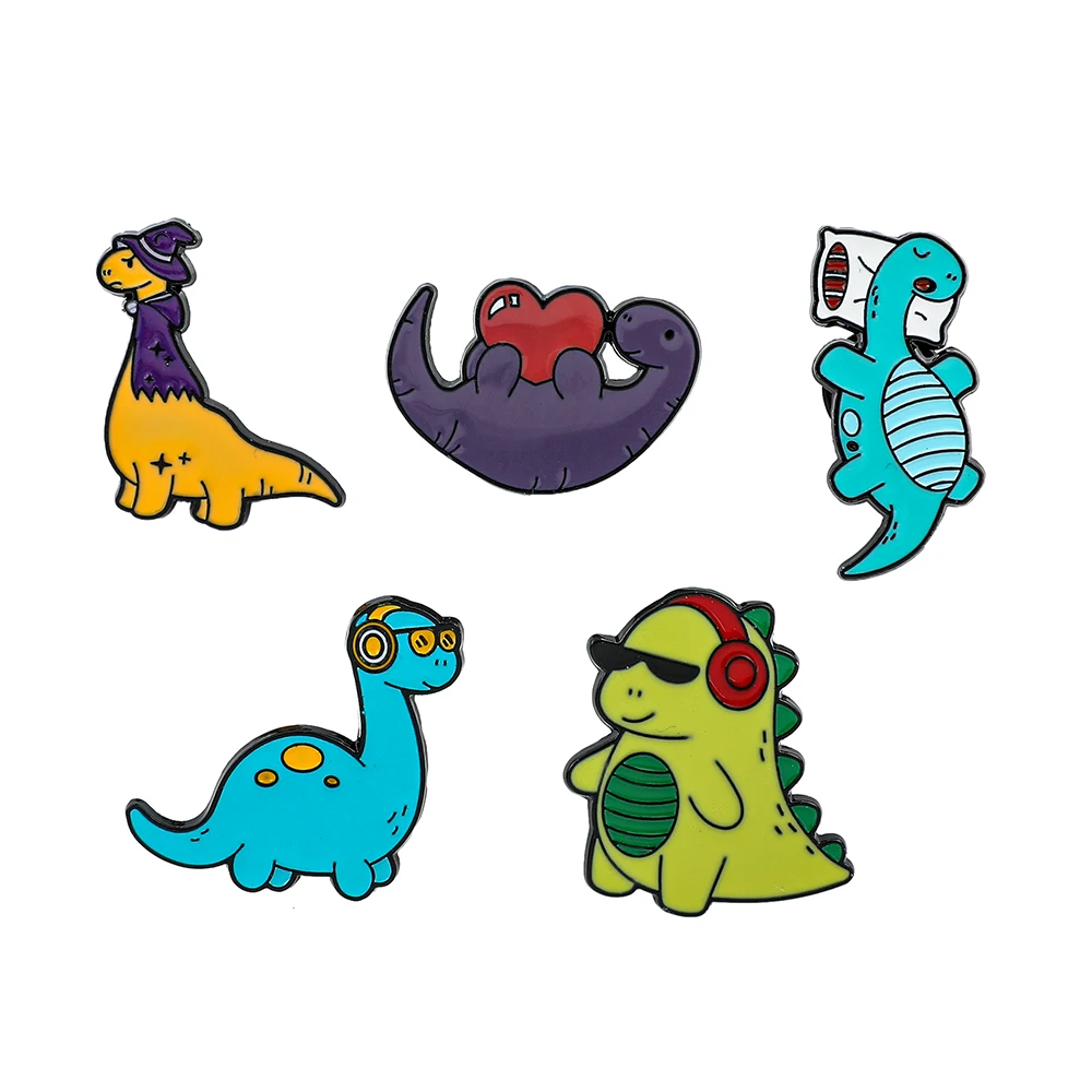 Cute Little Dinosaur Metal Brooch Cartoon Tyrannosaurus Rex Reading Listening To Music Badge Pin Jewelry Gift