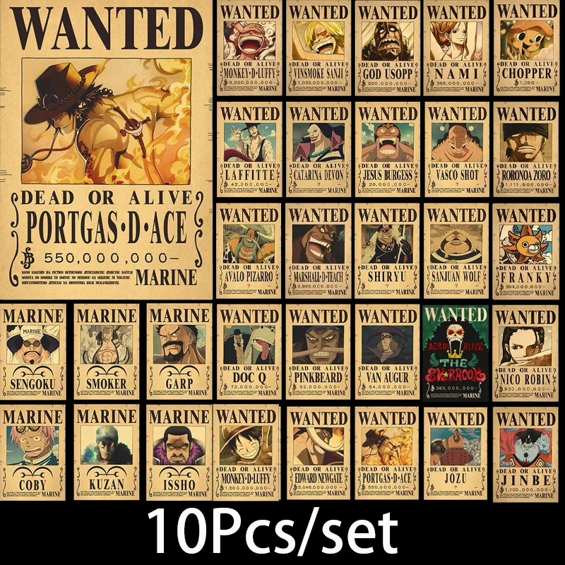 10 Piezas de Pósters de Anime de One Piece, Luffy, ACE, Zoro, Pósters Decorativos Vintage, Juguetes para Niños, Regalos