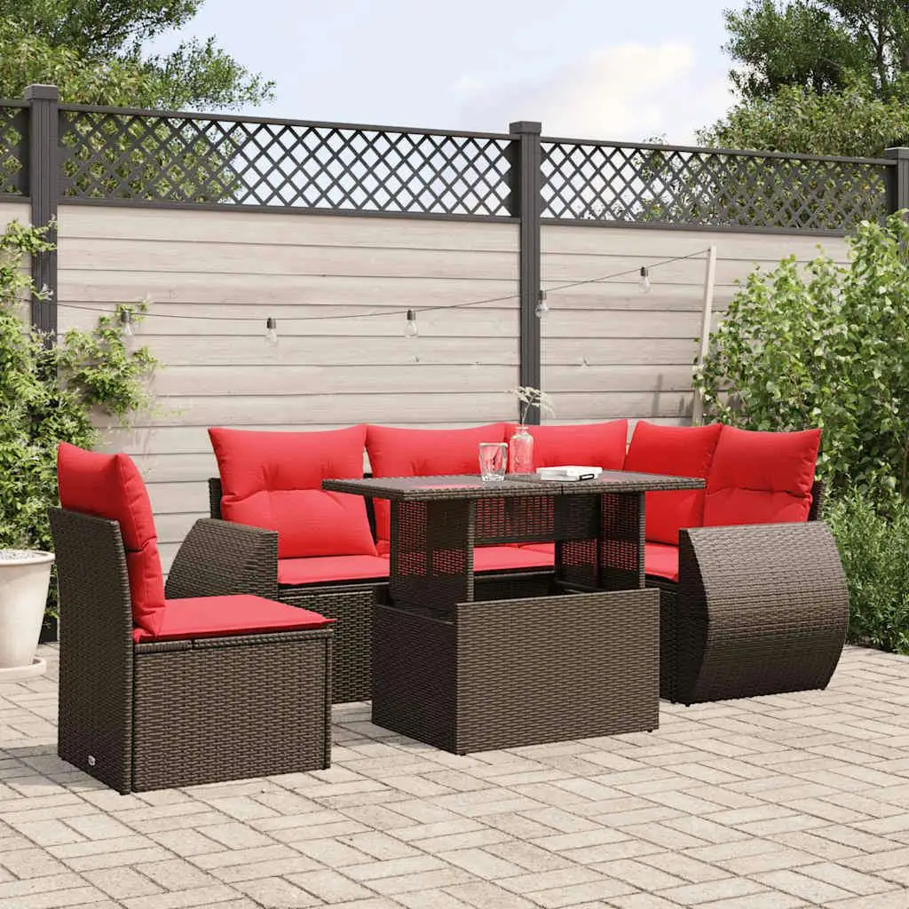 

6 Piece Brown Poly Rattan Patio Sofa Set with Cushions Outdoor Furniture Garden Lounge Seating
