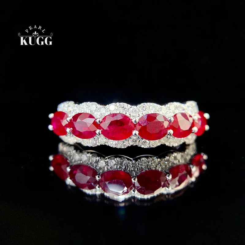 

KUGG 100% 18K White Gold Rings Luxury Classic Design Shiny Diamond Natural Ruby Gemstone Ring for Women High Party Jewelry
