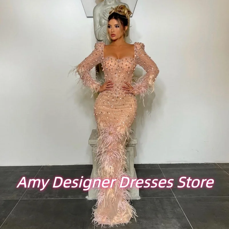 فستان سهرة برقبة مربعة بلون الشمبانيا الأفريقي مع ريشة فاخرة كريستال طويل حورية البحر فساتين عشاء فساتين حفلات نسائية مخصصة #1