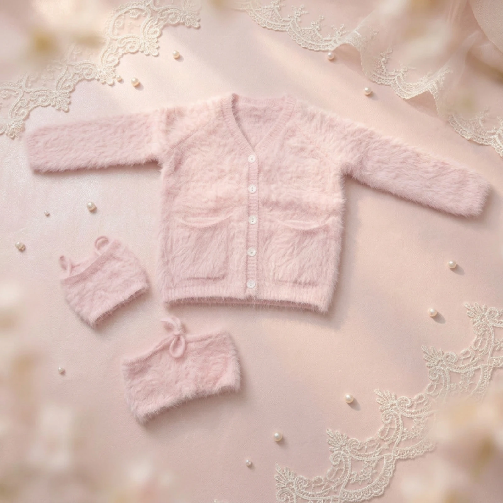 Doll Cardigan with Camisole Knitted Doll Knitwear Set Clothing Cozy Cute for Photo Shoots
